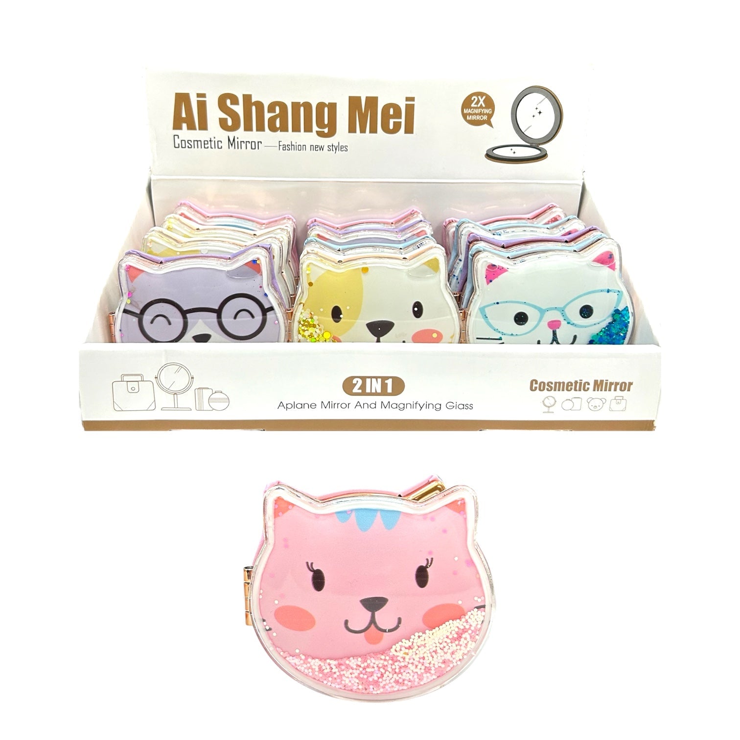 ESPEJO DOBLE AUMENTO GATICO AGUA GLITTER