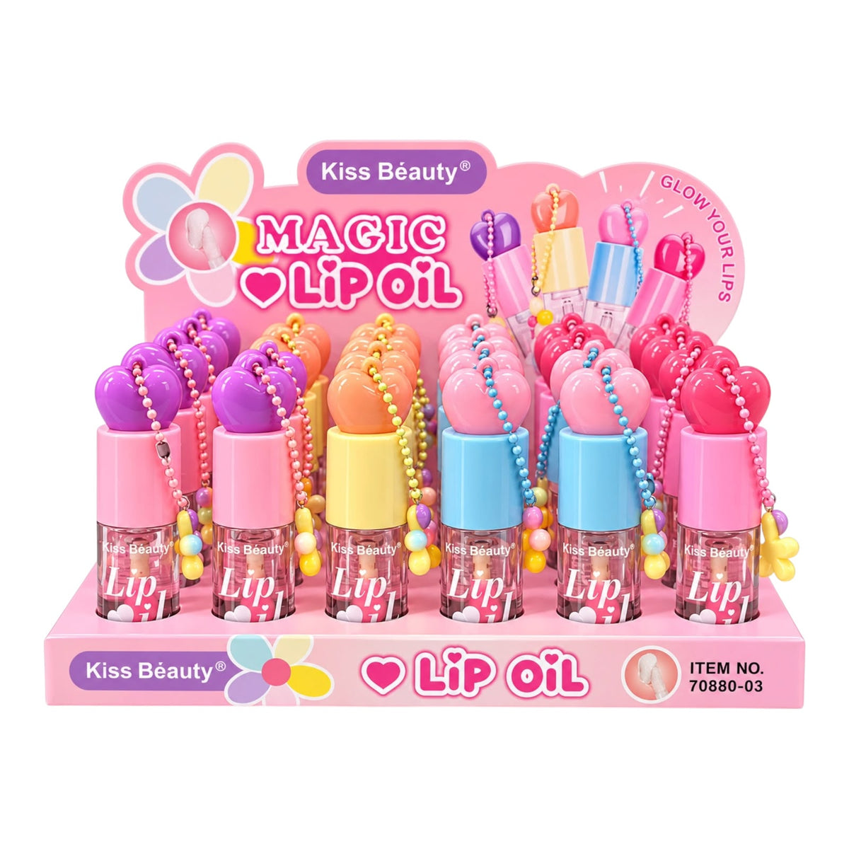 BRILLO MAGICO LIP OIL TAPA CORAZON LLAVERO FLORECITA KISS BEAUTY