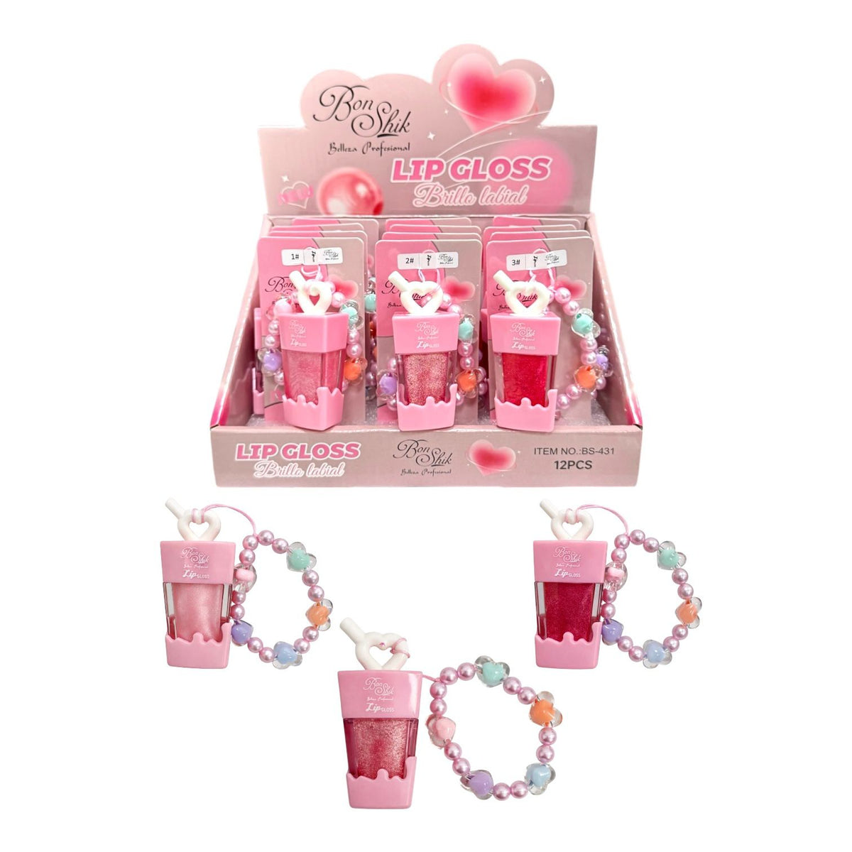 BRILLO GLOSS ESCARCHADO PALETA TAPA CORAZON PITILLO LLAVERO BONSHIK