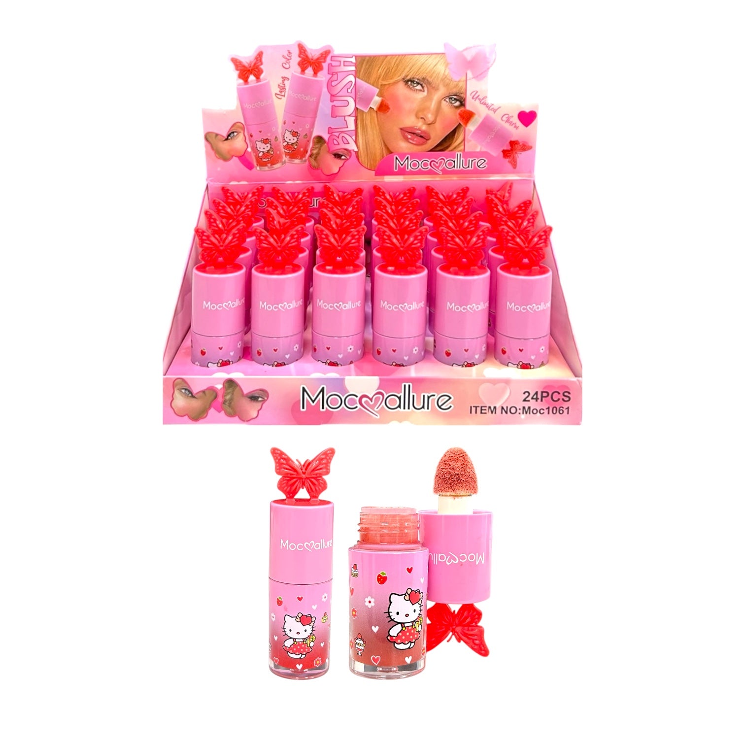 RUBOR LIQUIDO CON ESPONJITA HELLO KITTY TAPA MARIPOSA MOCALLURE