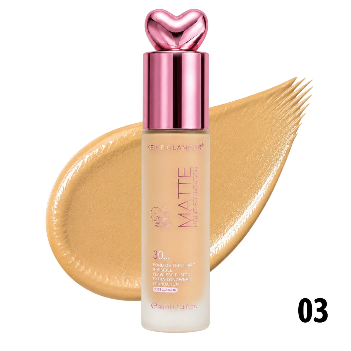 BASE LIQUIDA MATTE SPF30 36H 40ML TAPA CORAZON MEIKE GLAMOUR