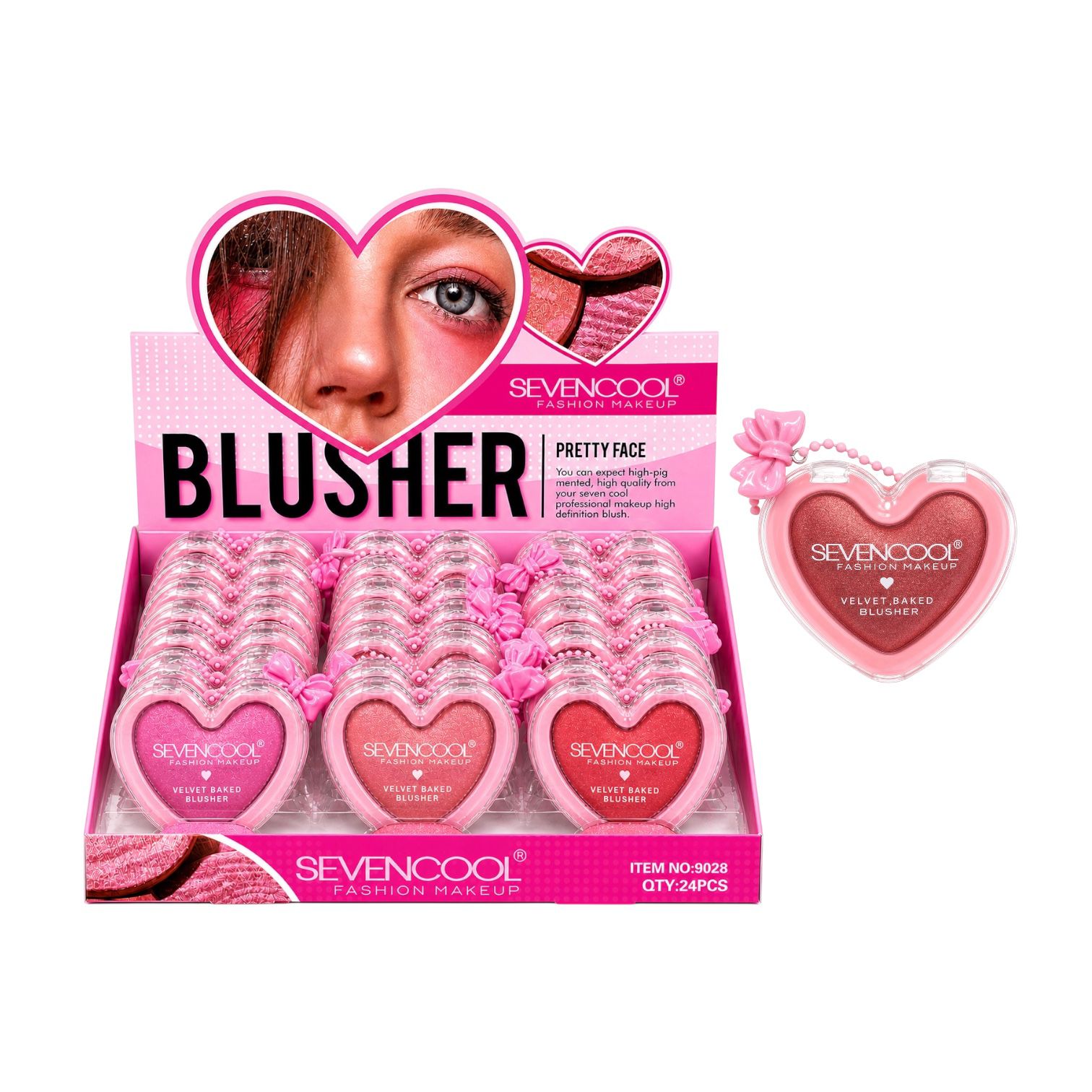 RUBOR EN POLVO CORAZON VELVET BAKED CON LLAVERO MOÑITO SEVENCOOL
