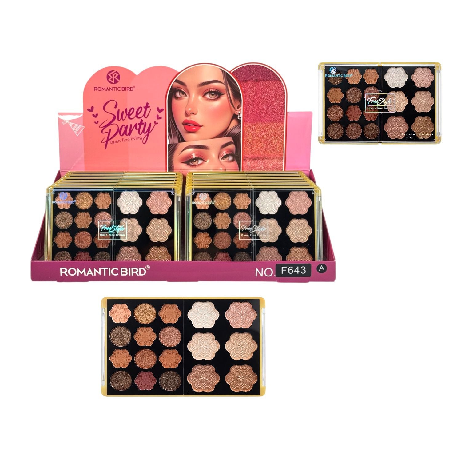 PALETA DE SOMBRAS E ILUMINADORES X18 TONOS FLORECITAS FREE STYLE ROMANTIC BIRD