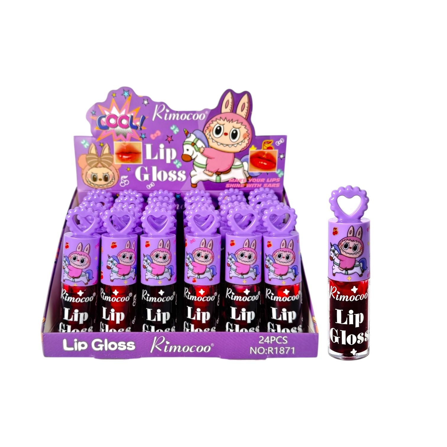 TINTA DE LABIOS APLICADOR GRANDE TAPA CORAZON LABUBU RIMOCOO