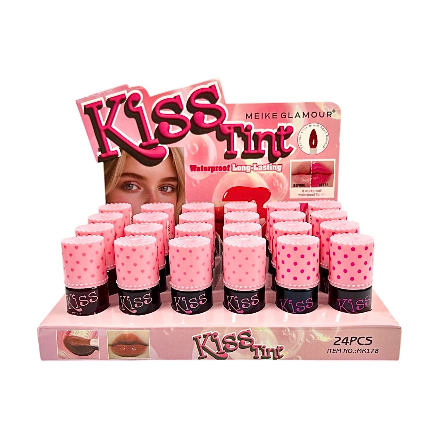 TINTA DE LABIOS REDONDA KISS TINT TAPA BOLITAS / ESTRELLITAS / CORAZONCITOS MEIKE GLAMOUR