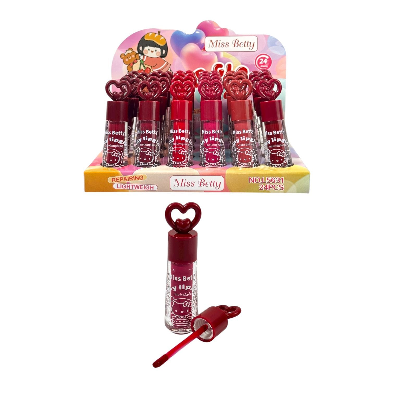 LABIAL LIQUIDO MATTE SHINY LIPGLOSS HELLO KITTY TAPA CORAZON MISS BETTY