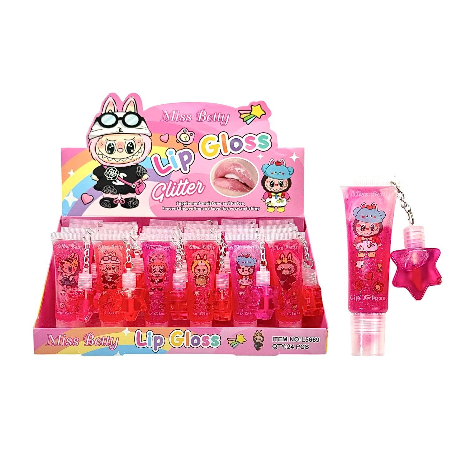 BRILLO GLOSS GLITTER LABUBU CON LLAVERO ESTRELLA MAGICO MISS BETTY