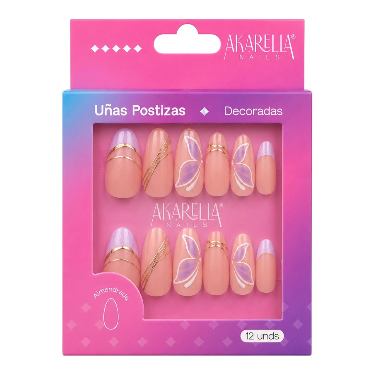 SET X12 UÑAS DECORADAS FORMA ALMENDRADA AKARELLA NAILS