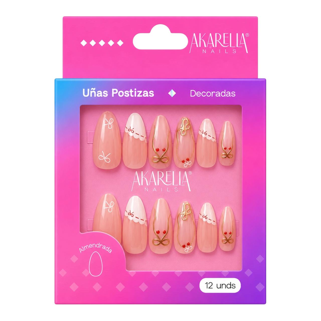 SET X12 UÑAS DECORADAS FORMA ALMENDRADA AKARELLA NAILS