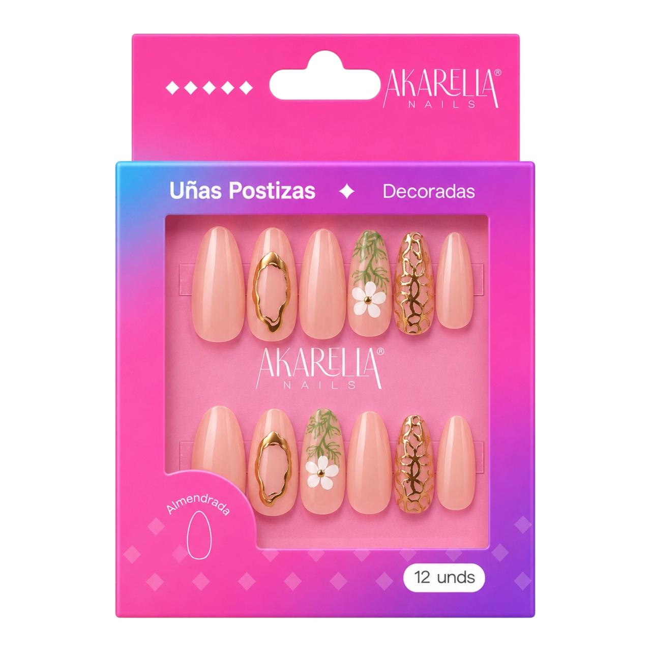 SET X12 UÑAS DECORADAS FORMA ALMENDRADA AKARELLA NAILS