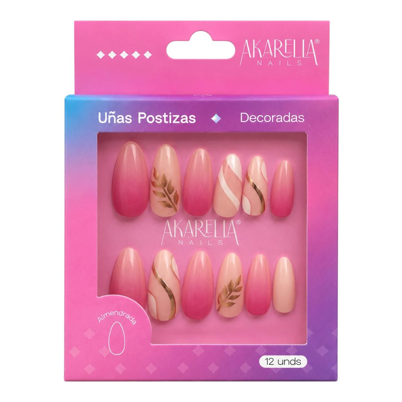 SET X12 UÑAS DECORADAS FORMA ALMENDRADA AKARELLA NAILS