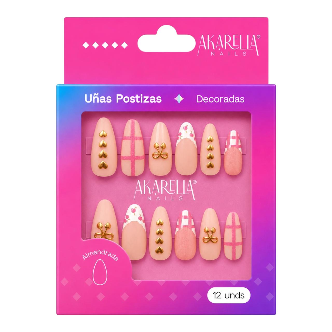 SET X12 UÑAS DECORADAS FORMA ALMENDRADA AKARELLA NAILS