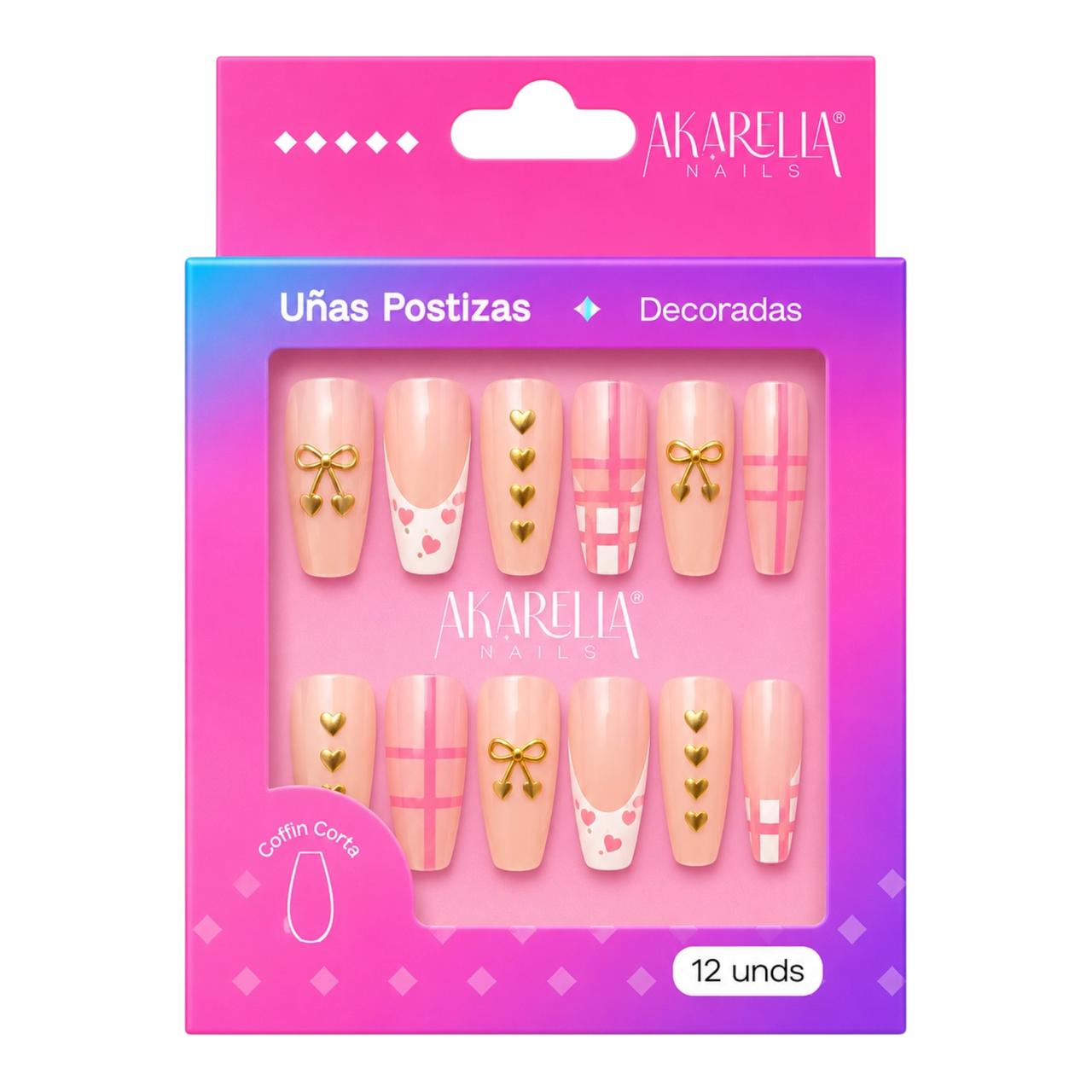 SET X12 UÑAS DECORADAS COFFIN CORTA REF UD07 AKARELLA NAILS