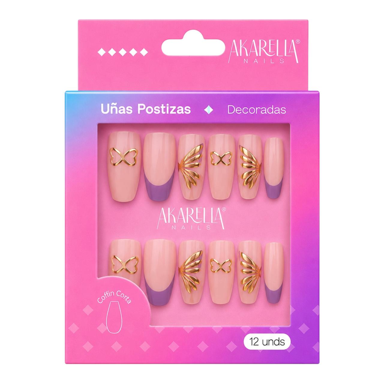 SET X12 UÑAS DECORADAS COFFIN CORTA REF UD07 AKARELLA NAILS