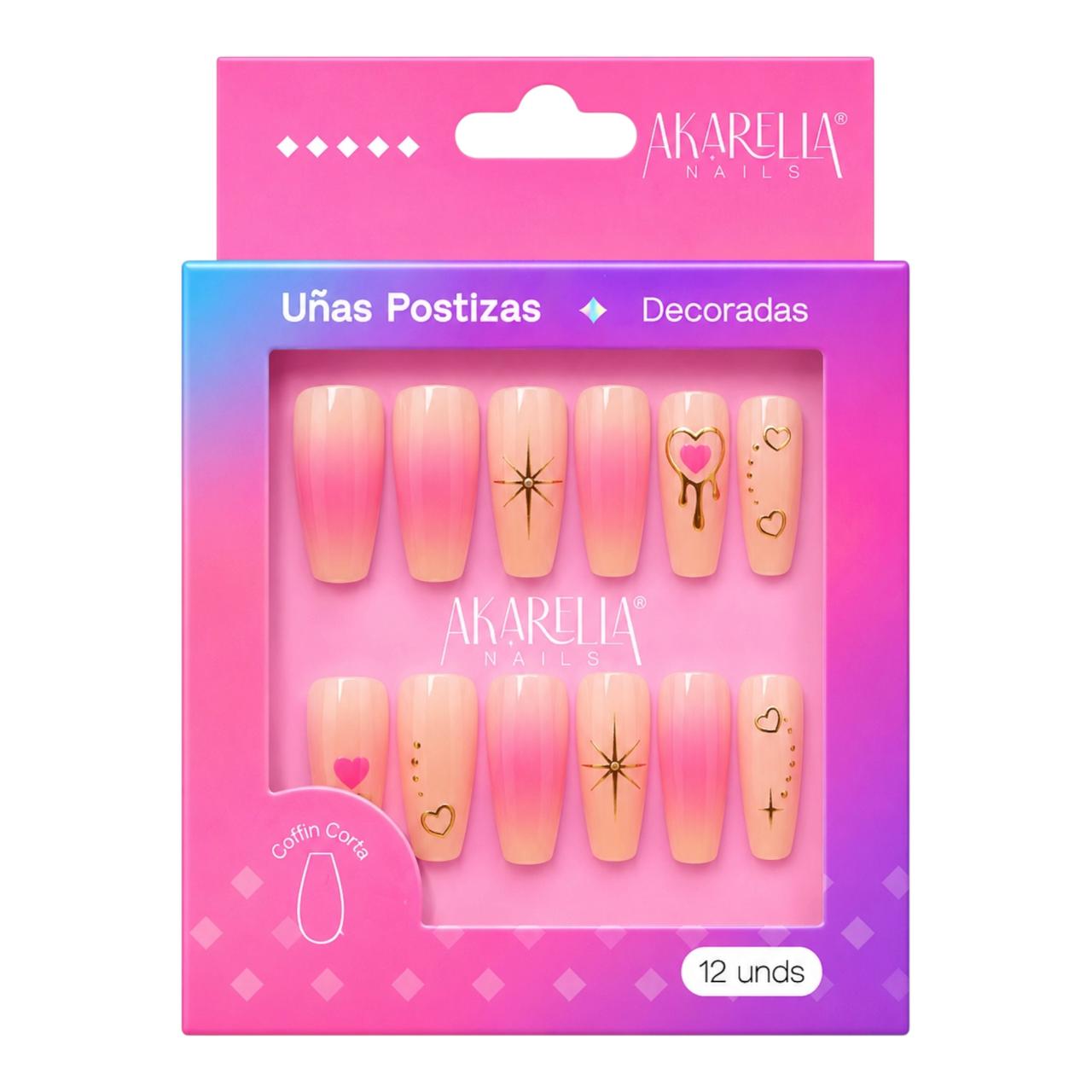 SET X12 UÑAS DECORADAS COFFIN CORTA REF UD07 AKARELLA NAILS
