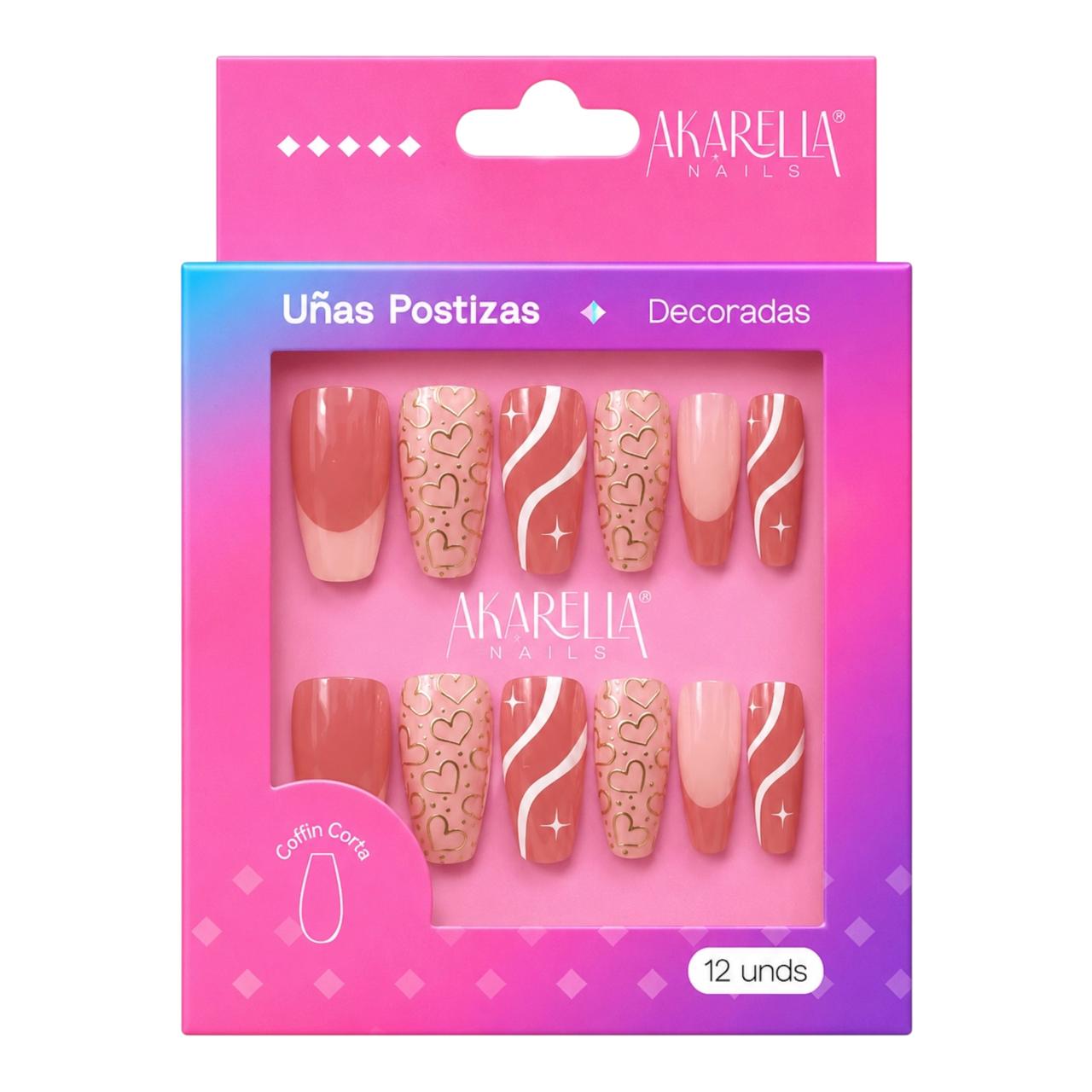 SET X12 UÑAS DECORADAS COFFIN CORTA REF UD07 AKARELLA NAILS