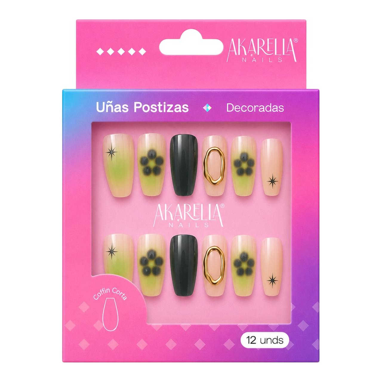 SET X12 UÑAS DECORADAS COFFIN CORTA REF UD07 AKARELLA NAILS