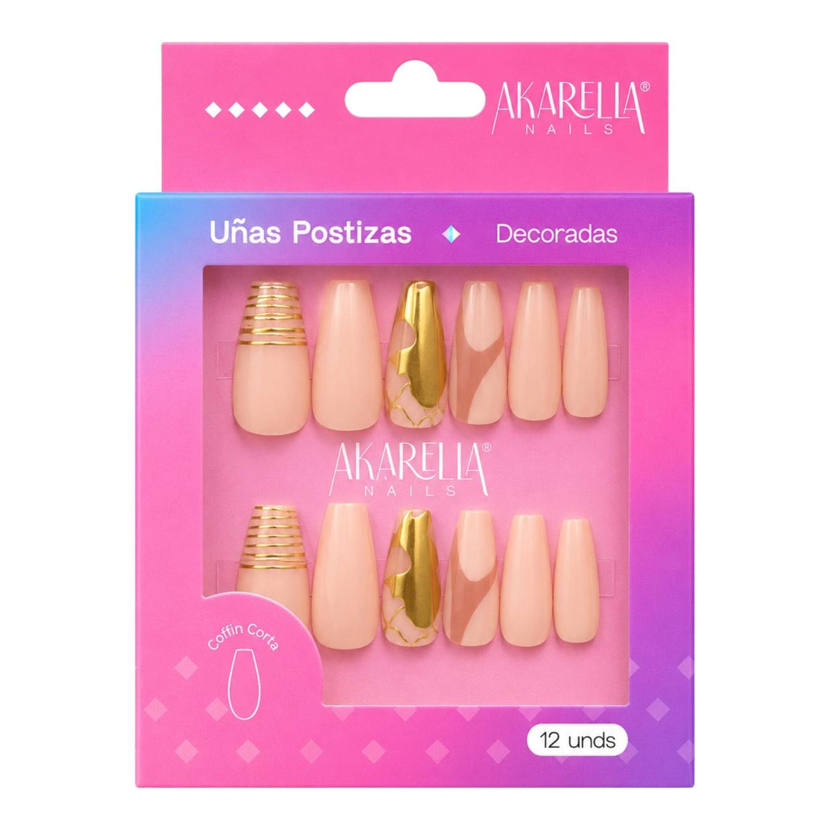 SET X12 UÑAS DECORADAS COFFIN CORTA REF UD03 AKARELLA NAILS