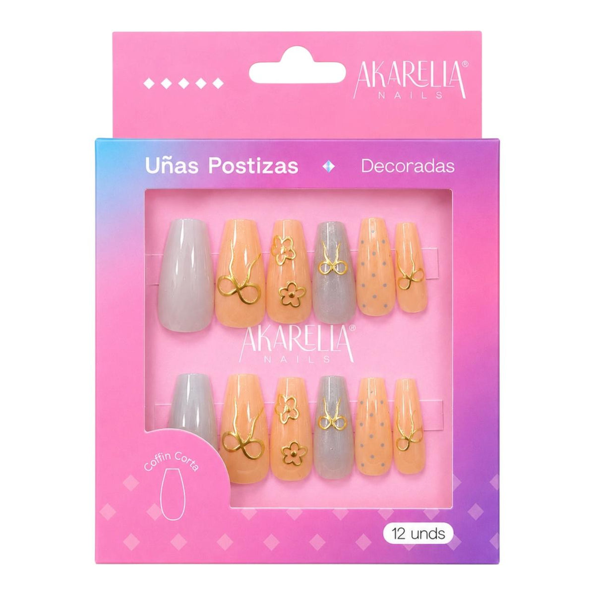 SET X12 UÑAS DECORADAS COFFIN CORTA REF UD03 AKARELLA NAILS