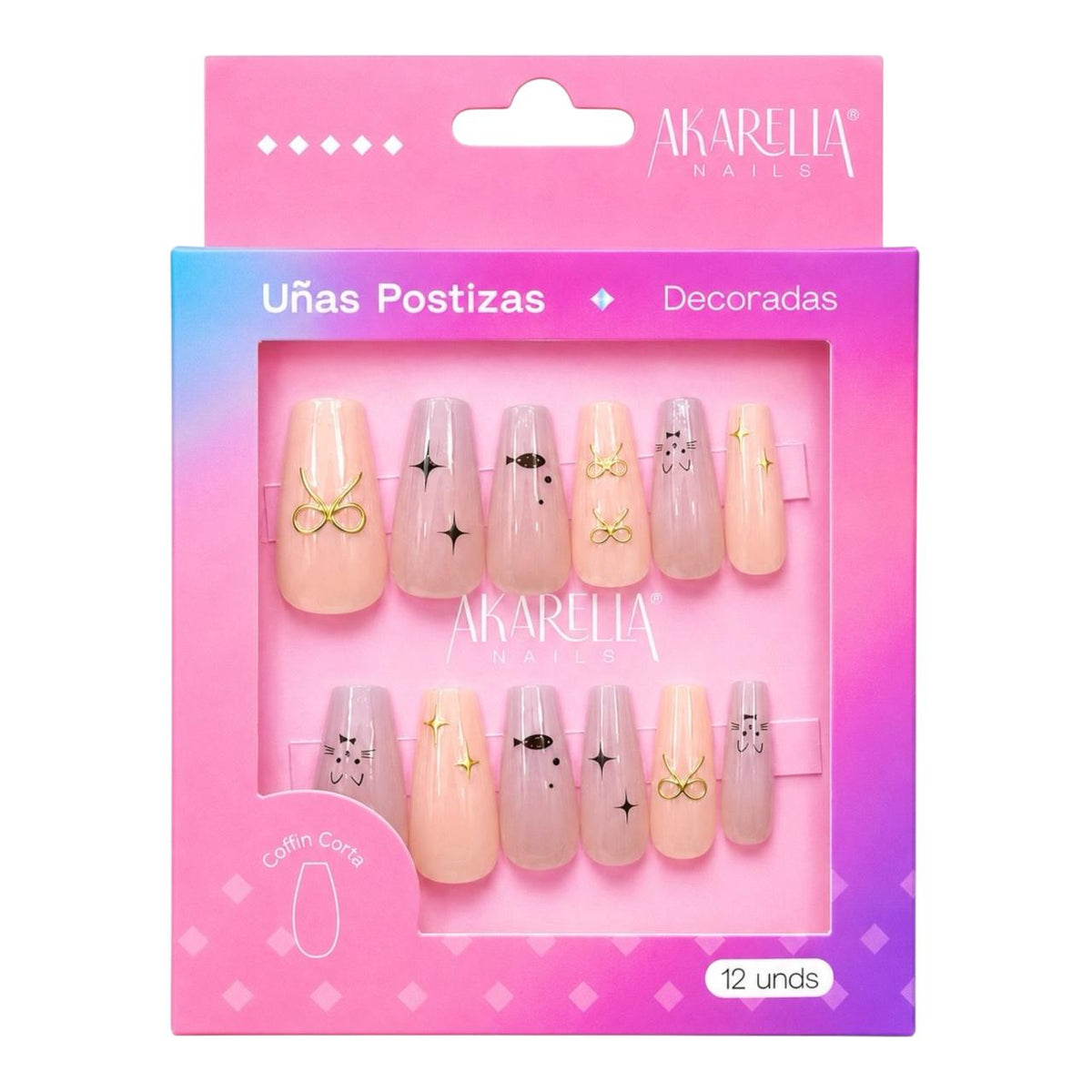 SET X12 UÑAS DECORADAS COFFIN CORTA REF UD03 AKARELLA NAILS