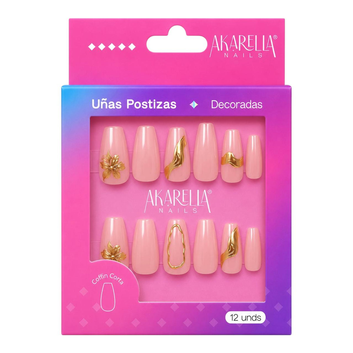 SET X12 UÑAS DECORADAS COFFIN CORTA REF UD03 AKARELLA NAILS