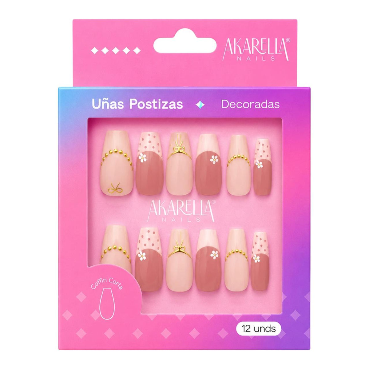 SET X12 UÑAS DECORADAS COFFIN CORTA REF UD03 AKARELLA NAILS