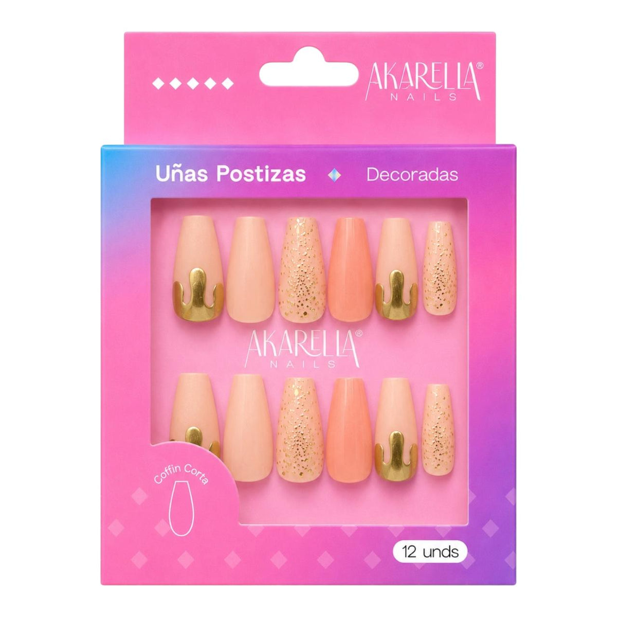 SET X12 UÑAS DECORADAS COFFIN CORTA REF UD03 AKARELLA NAILS