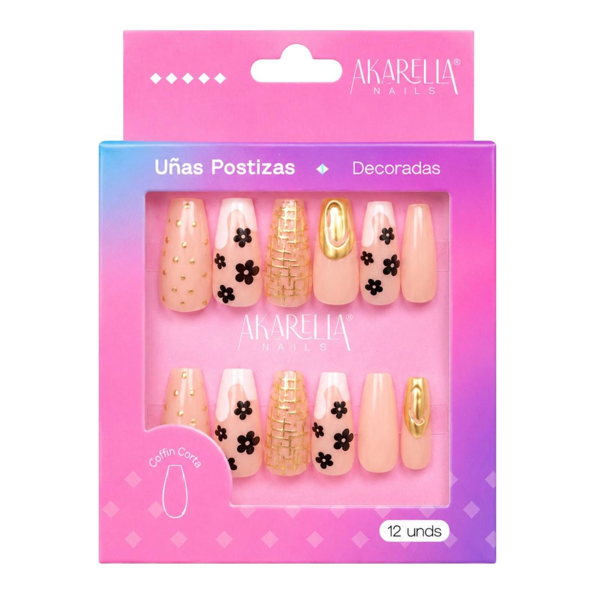SET X12 UÑAS DECORADAS COFFIN CORTA REF UD03 AKARELLA NAILS