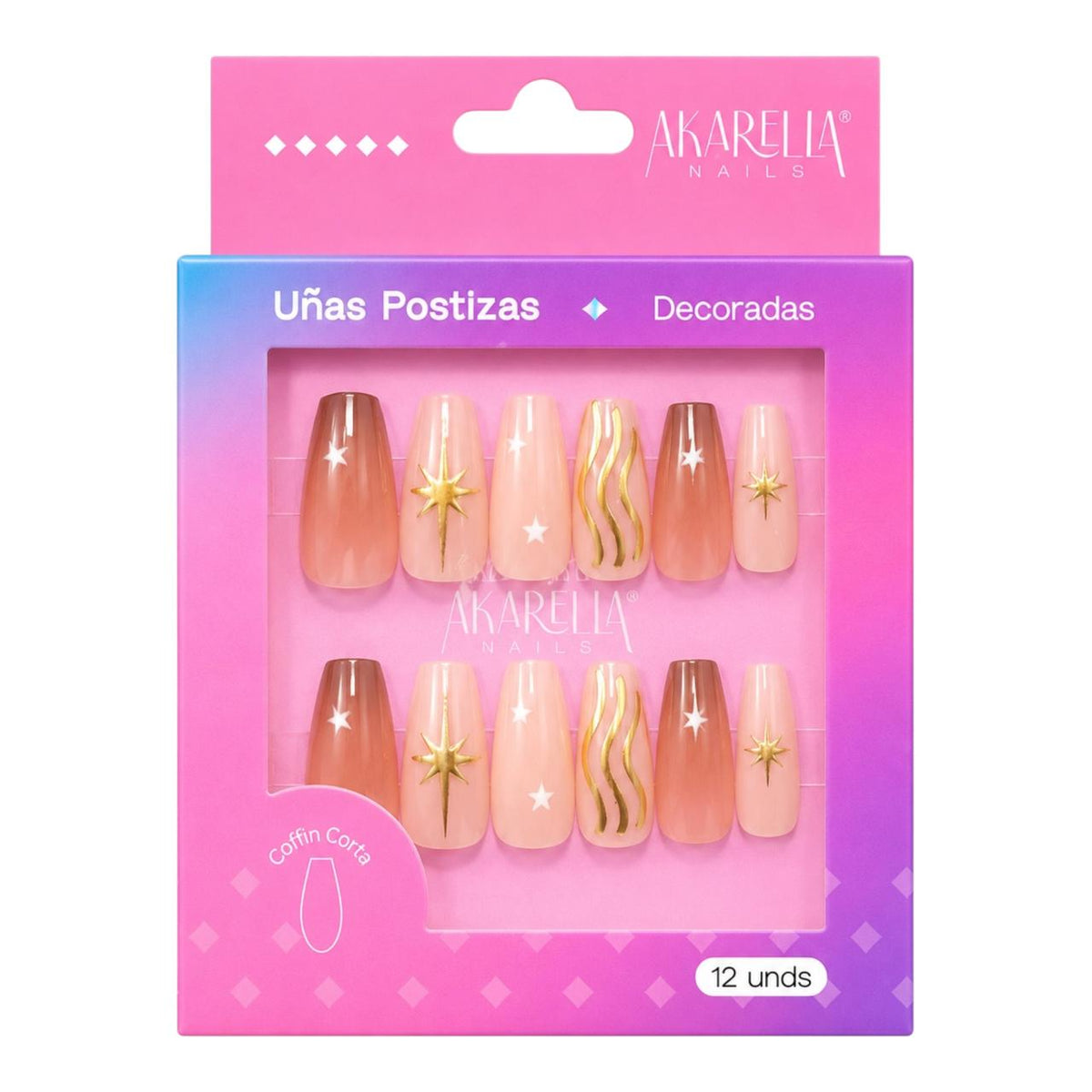SET X12 UÑAS DECORADAS COFFIN CORTA REF UD03 AKARELLA NAILS