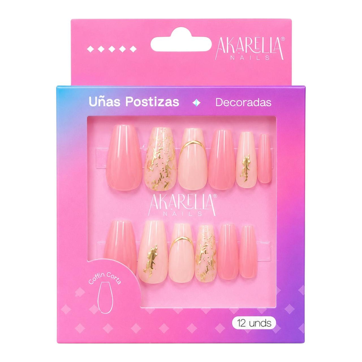 SET X12 UÑAS DECORADAS COFFIN CORTA REF UD03 AKARELLA NAILS