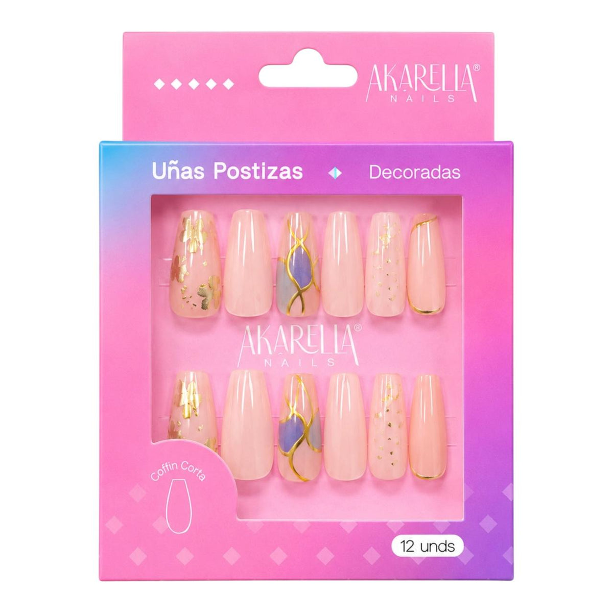 SET X12 UÑAS DECORADAS COFFIN CORTA REF UD03 AKARELLA NAILS
