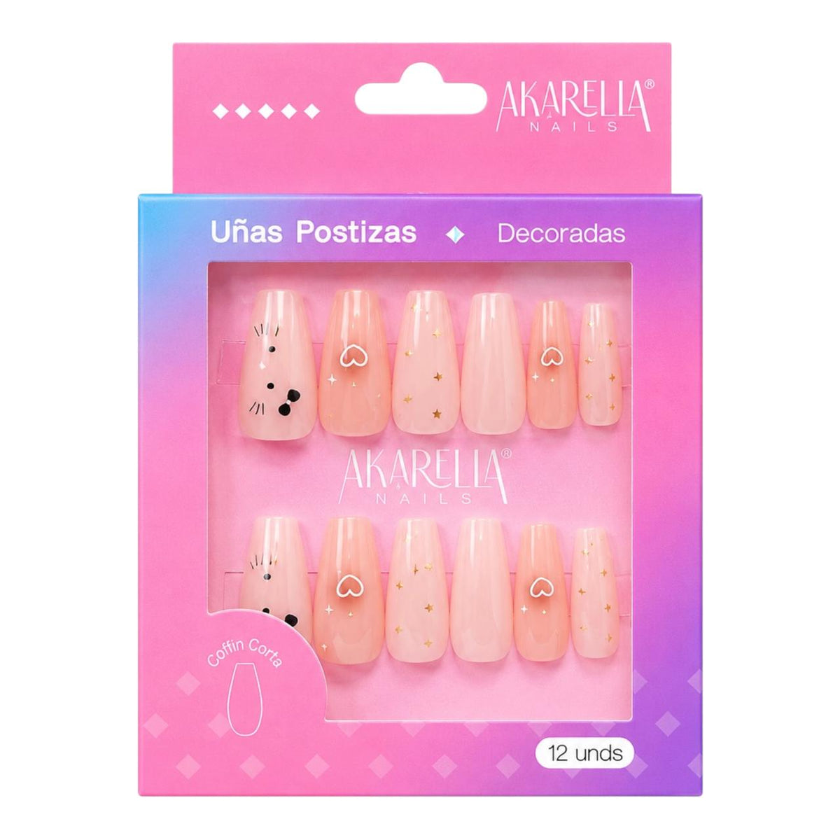 SET X12 UÑAS DECORADAS COFFIN CORTA REF UD03 AKARELLA NAILS