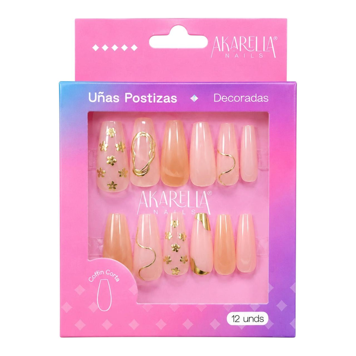 SET X12 UÑAS DECORADAS COFFIN CORTA REF UD03 AKARELLA NAILS
