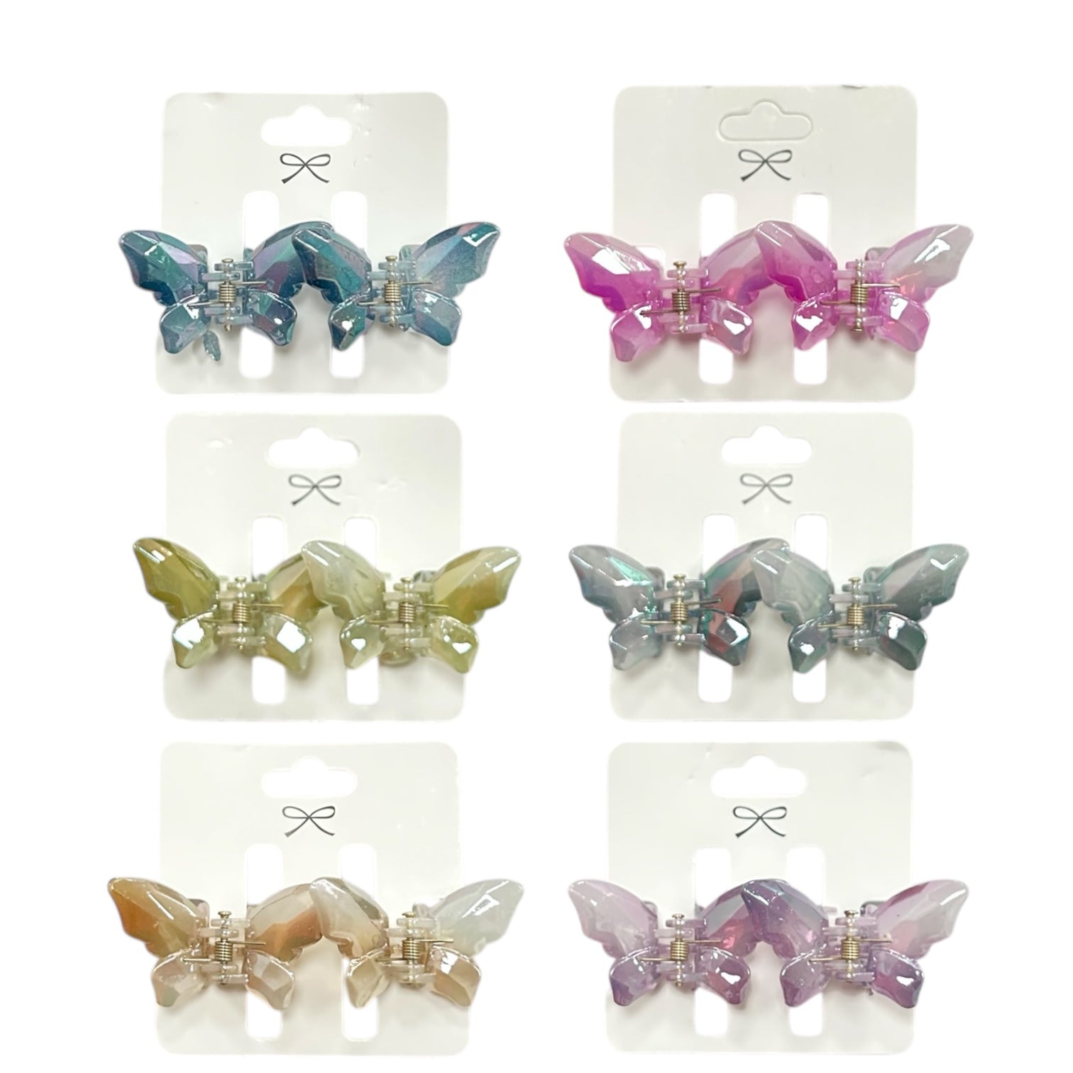 CARTON X2 GANCHOS MINI FLOR MARIPOSA ONDA MOÑO DORADOS PLATEADOS TORNASOL MATTE