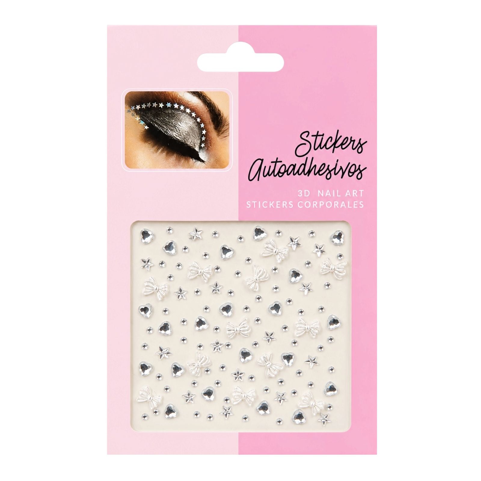 GEMAS PARA ROSTRO CORAZONES PLATEADOS MOÑOS BLANCOS PERLADOS