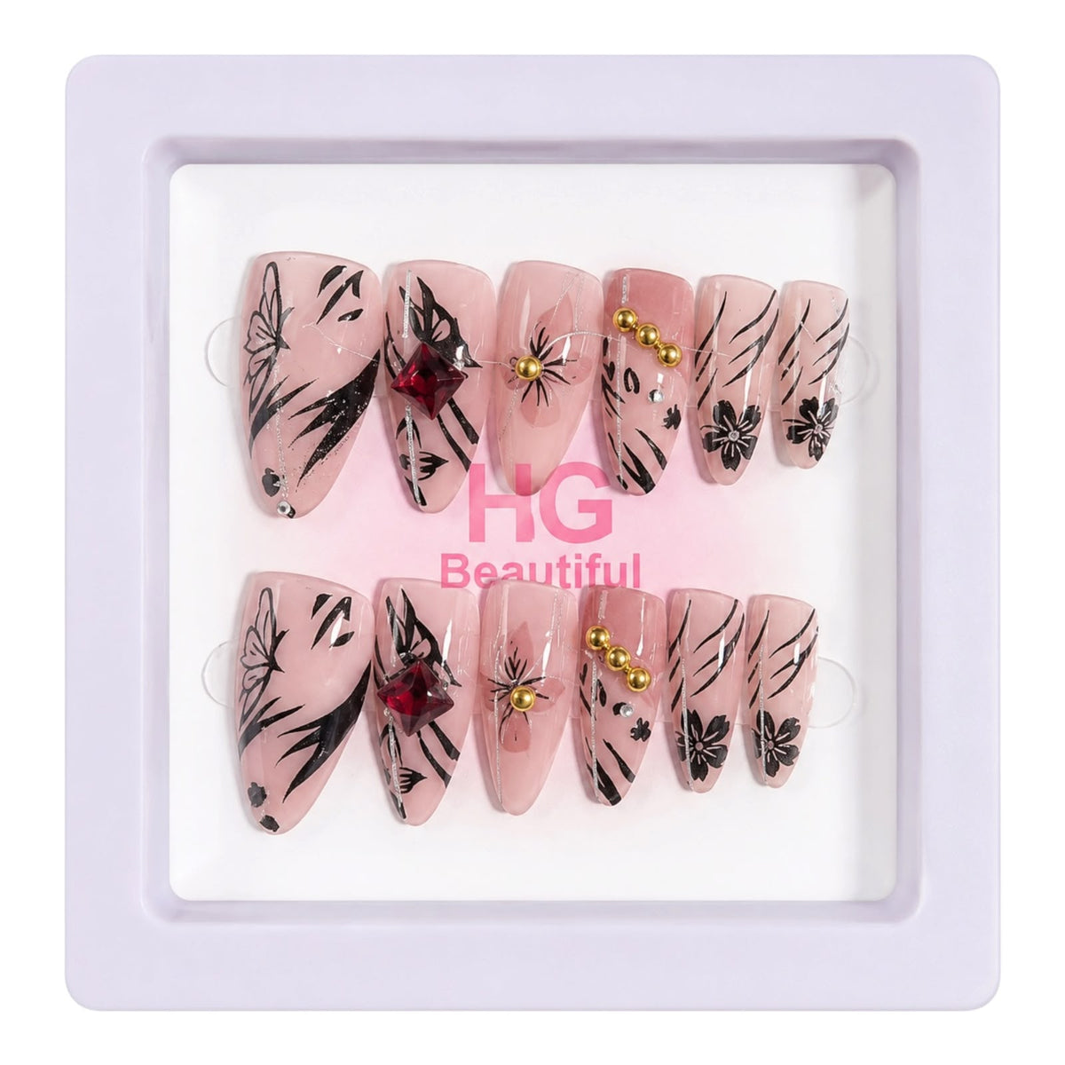 CAJITA DE UÑAS X12 DECORADAS ALMENDRADAS HG BEAUTIFUL