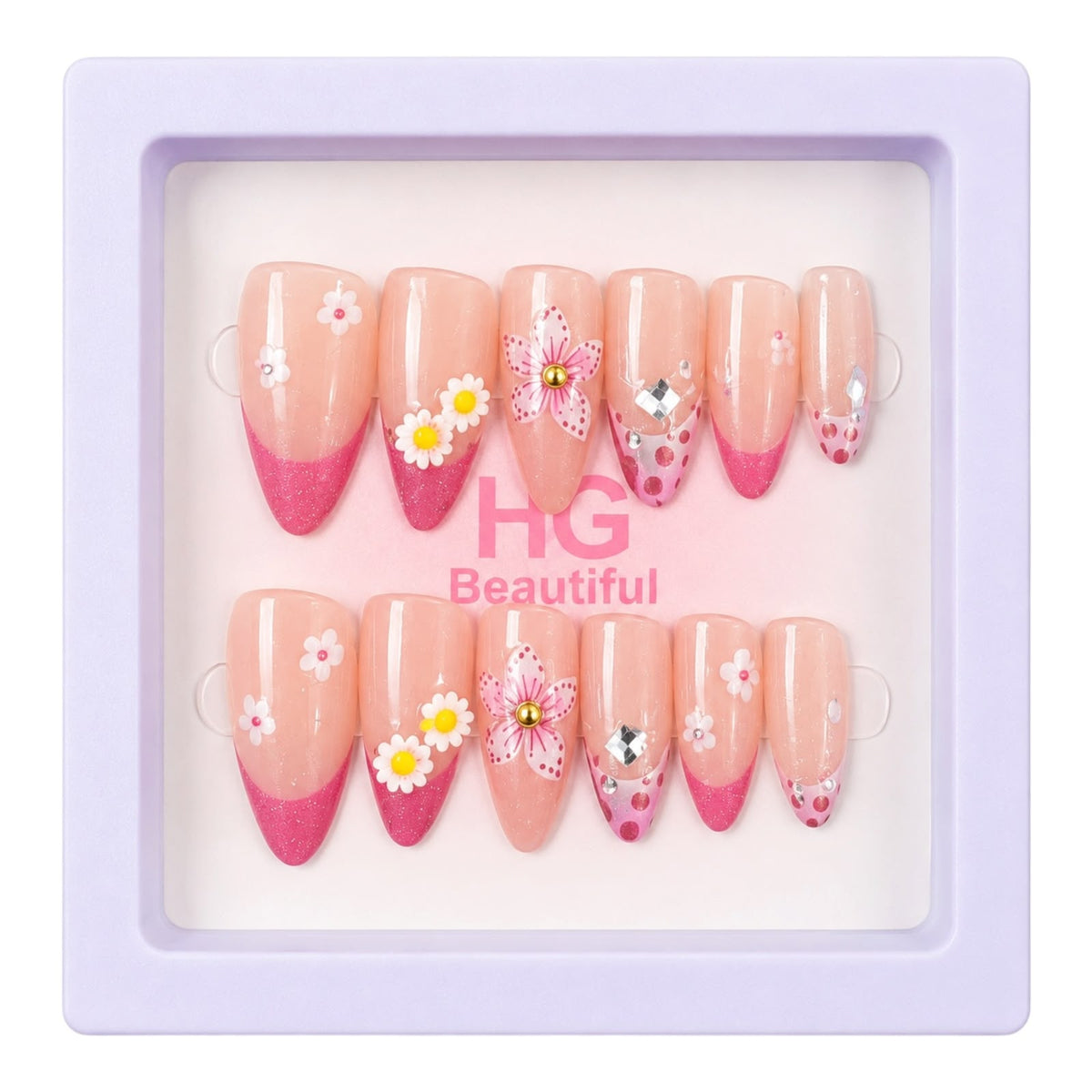 CAJITA DE UÑAS X12 DECORADAS ALMENDRADAS HG BEAUTIFUL