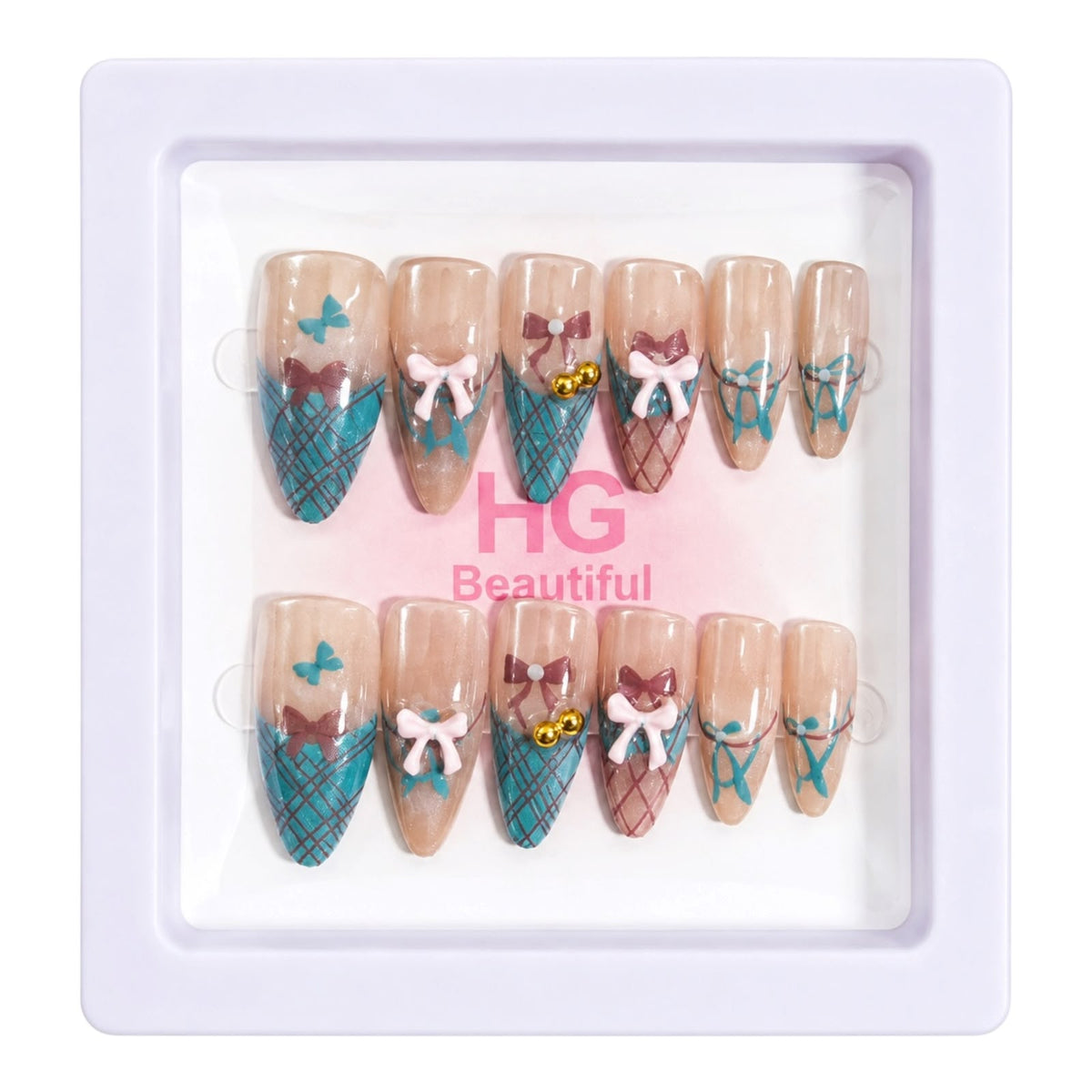 CAJITA DE UÑAS X12 DECORADAS ALMENDRADAS HG BEAUTIFUL