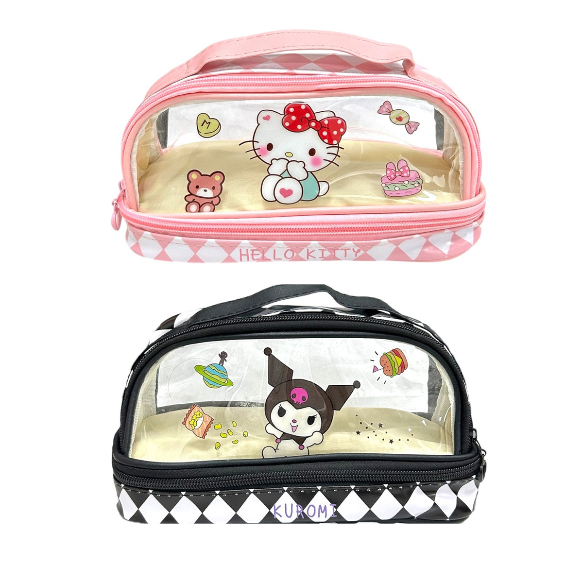 COSMETIQUERA TRANSPARENTE HELLO KITTY KUROMI CUADROS