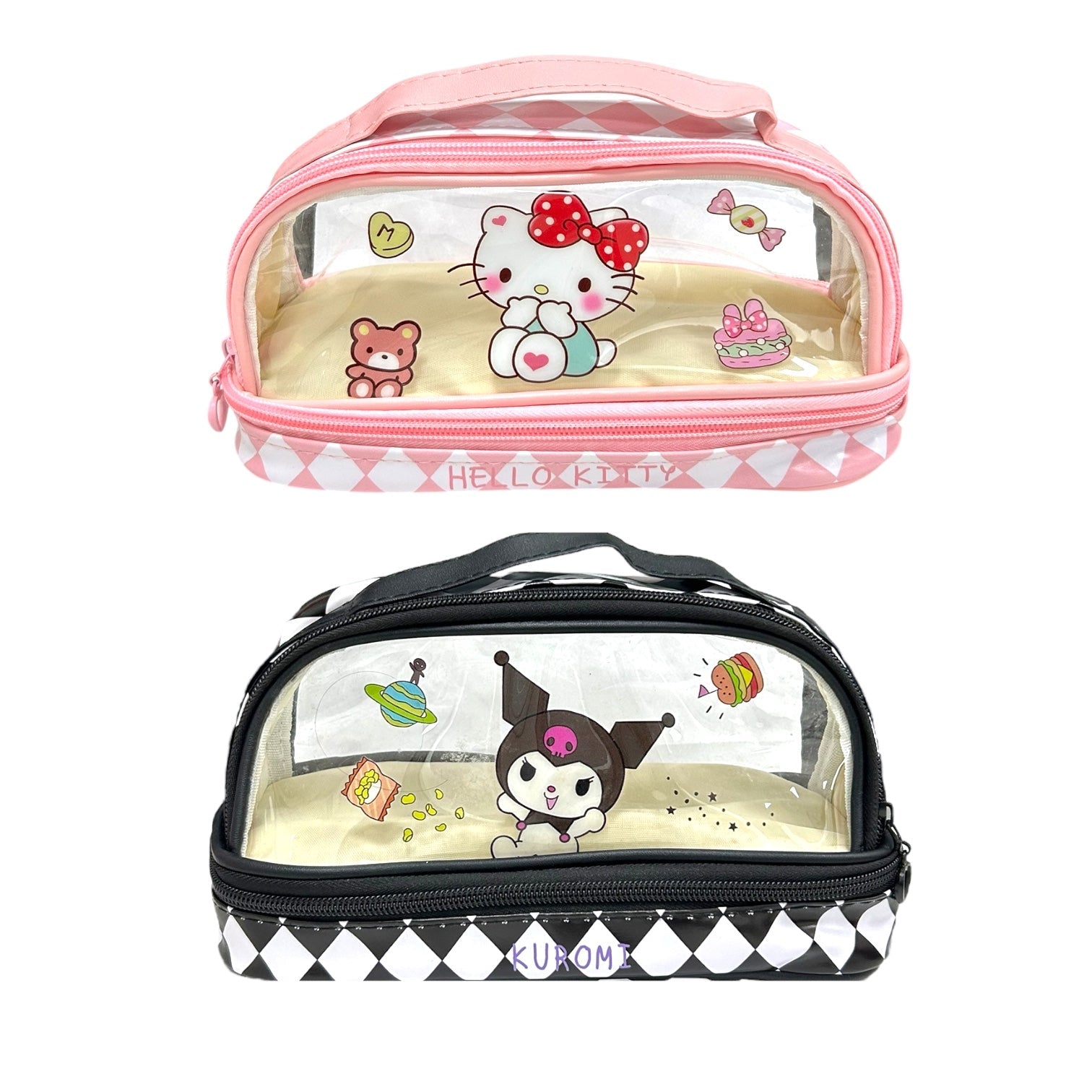 COSMETIQUERA TRANSPARENTE HELLO KITTY KUROMI CUADROS