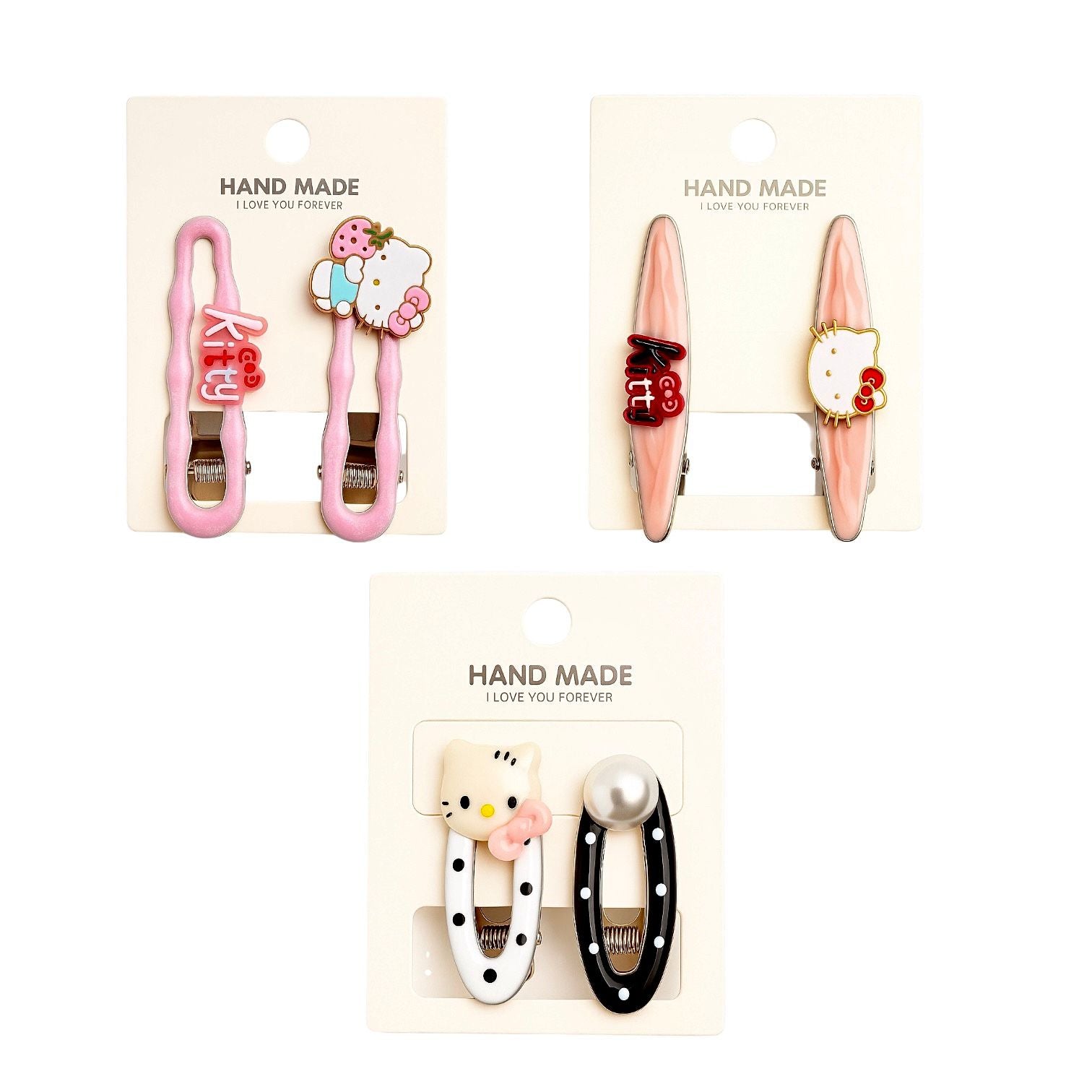 CARTON X2 PINZAS PEQUE HELLO KITTY HAND MADE I LOVE YOU FOREVER