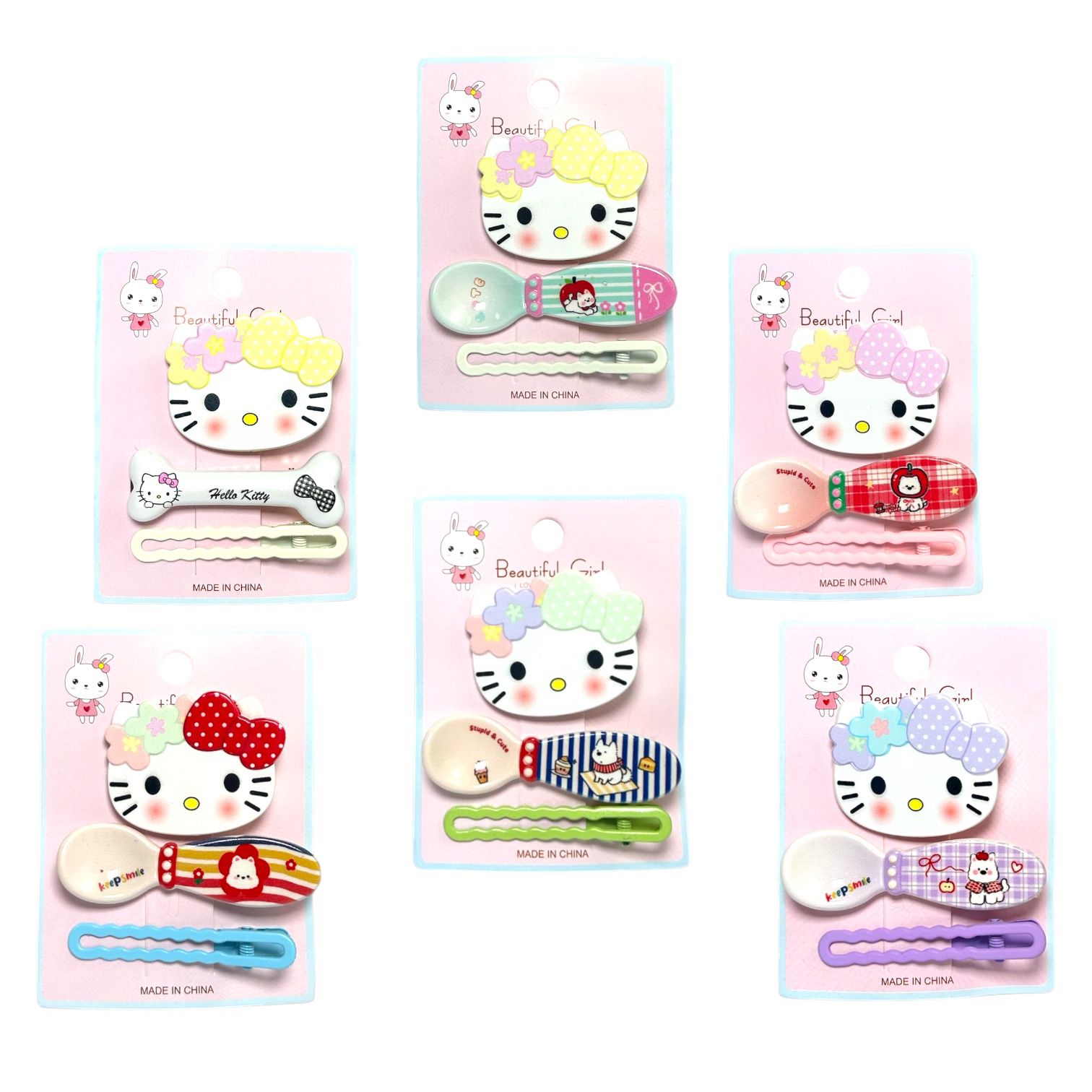 CARTON PINZA  GRANDE Y MOÑITAS STITCH/ DUO KUROMI/ HELLO KITTY CUCHARITA BEAUTIFUL GIRL
