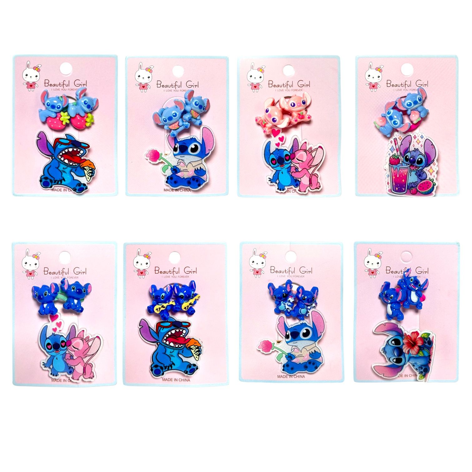 CARTON PINZA  GRANDE Y MOÑITAS STITCH/ DUO KUROMI/ HELLO KITTY CUCHARITA BEAUTIFUL GIRL