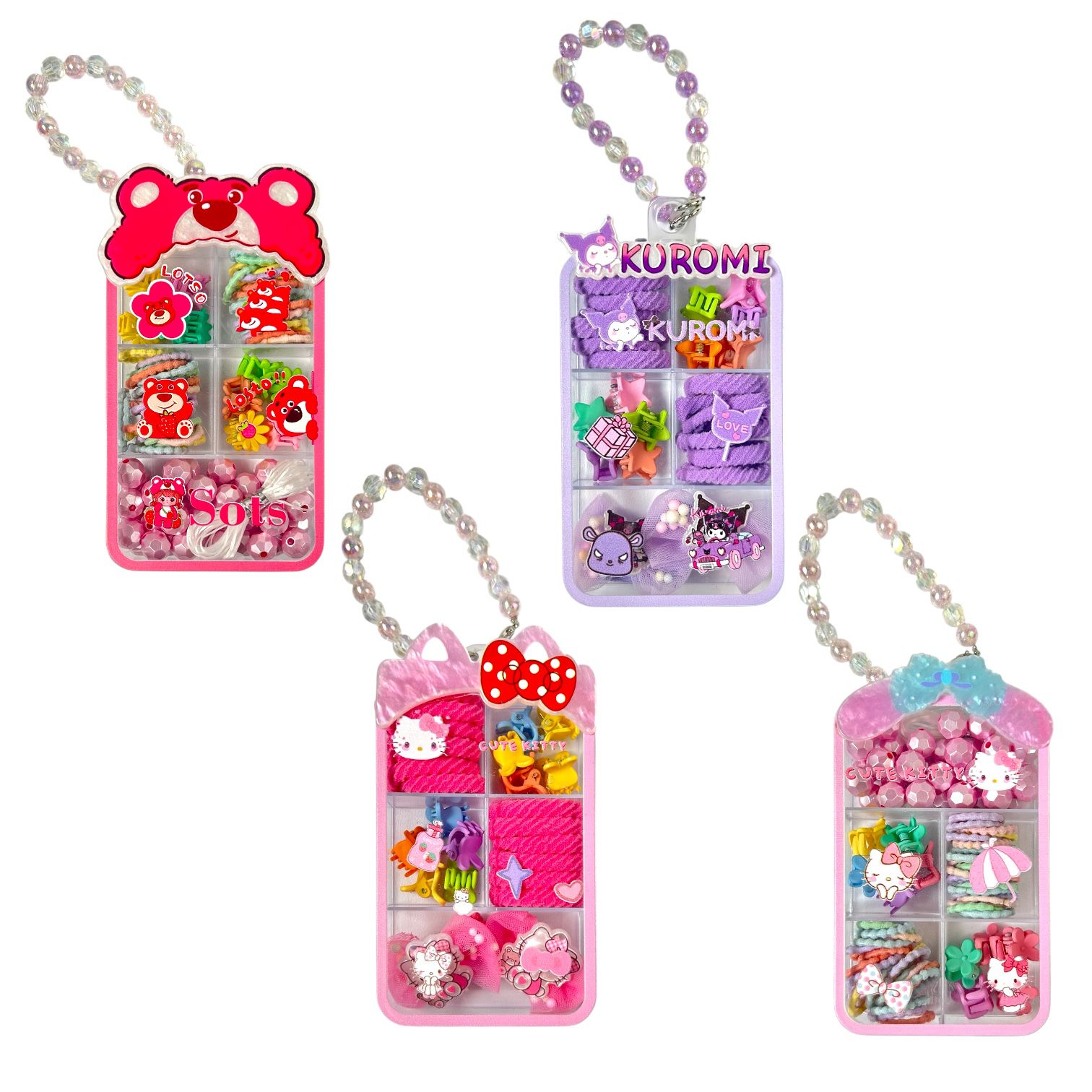 CAJITA MOÑITAS GANCHITOS LLAVERO PULSERA HELLO KITTY KUROMI LOTSO