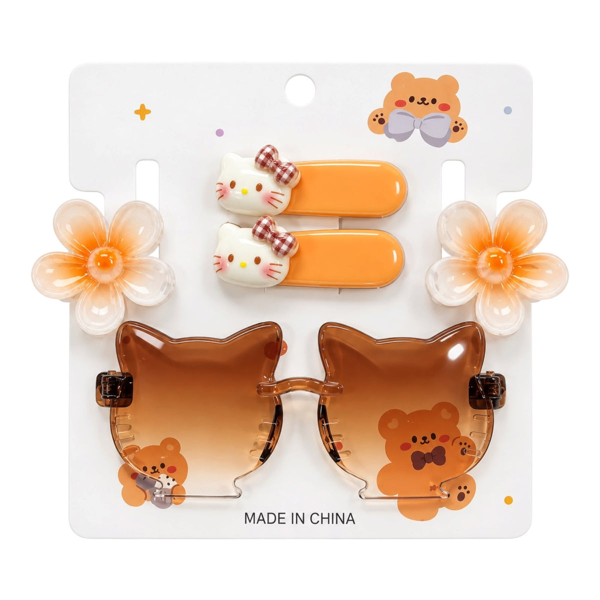CARTON OSITO GAFAS HELLO KITTY 2 PINZAS Y 2 MINI CAIMAN FLOR HAWAI