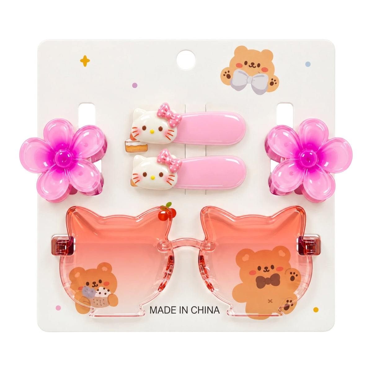 CARTON OSITO GAFAS HELLO KITTY 2 PINZAS Y 2 MINI CAIMAN FLOR HAWAI