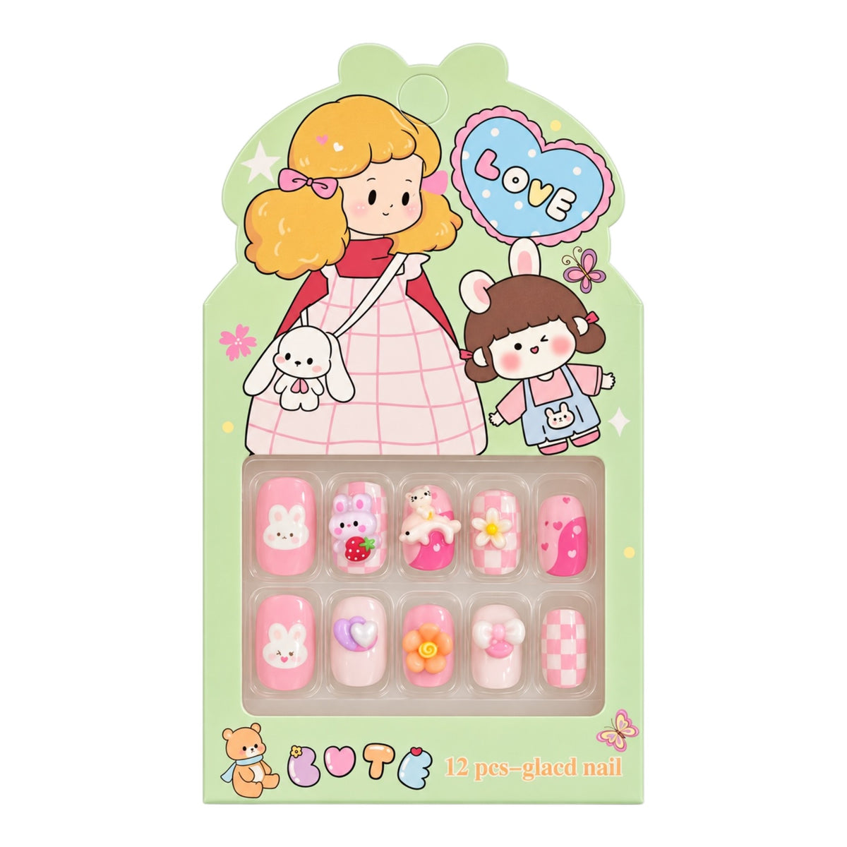 SET X12 UÑAS CON PINES NIÑAS ANIMALITOS