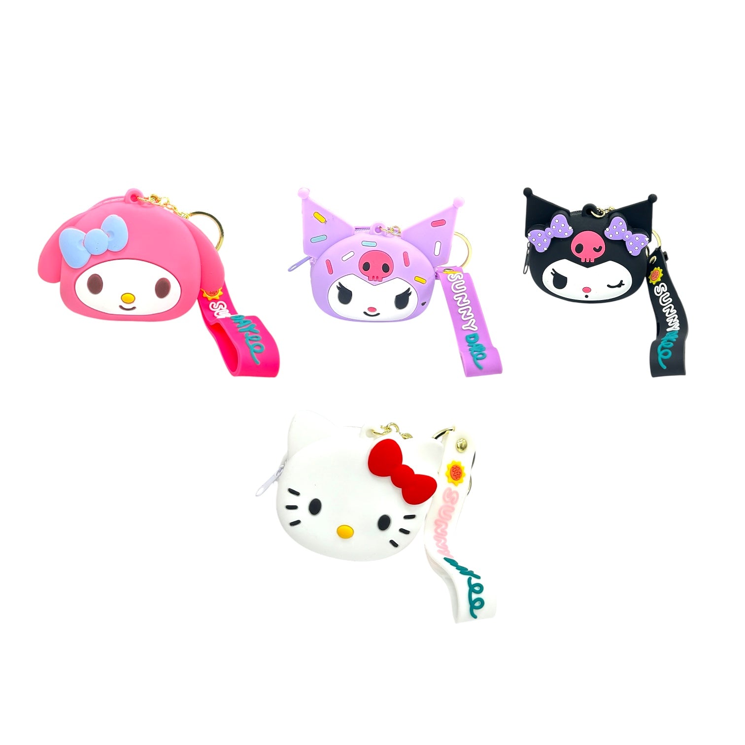 MONEDERO PEQUE SILICONA LLAVERO HELLO KITTY MY MELODY KUROMI NEGRO Y MORADO