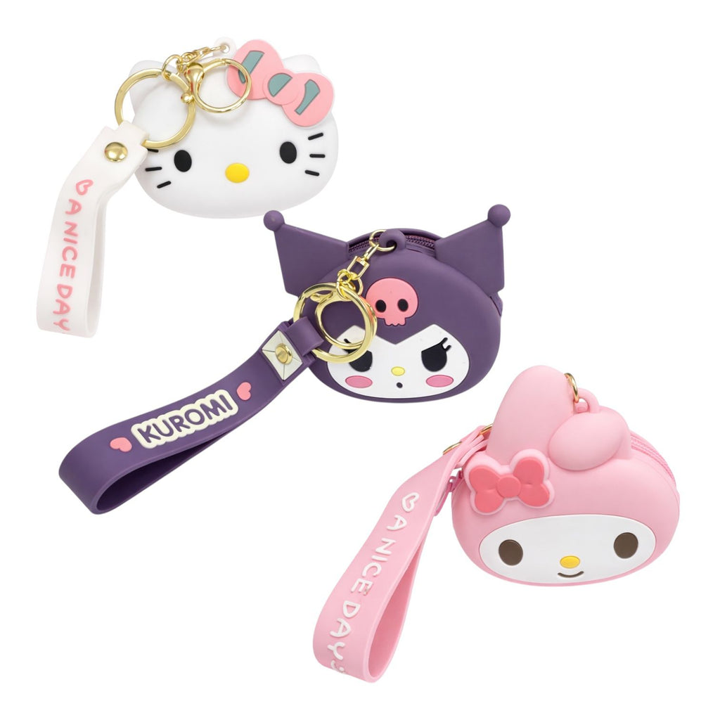 MONEDERO PEQUE SILICONA LLAVERO HELLO KITTY MY MELODY KUROMI NEGRO Y MORADO