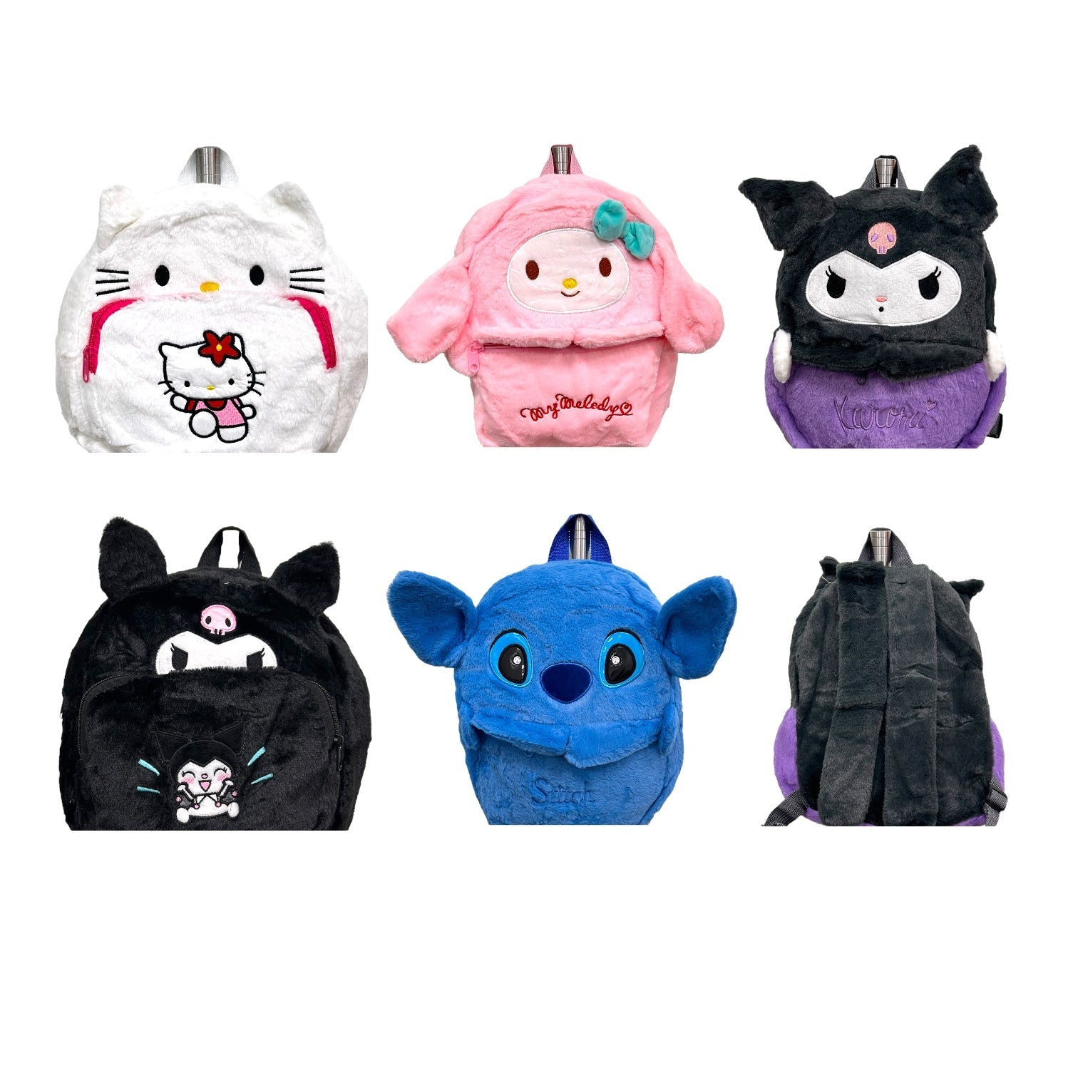 MORRAL PEQUE PELUCHE HELLO KITTY STITCH MY MELODY KUROMI NEGRO Y MORADO